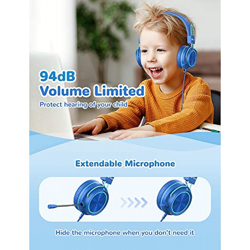 iClever Kids Headphones with Mic, Wired On Ear Headphones for Kids,94 dB Volume Safe Headphones