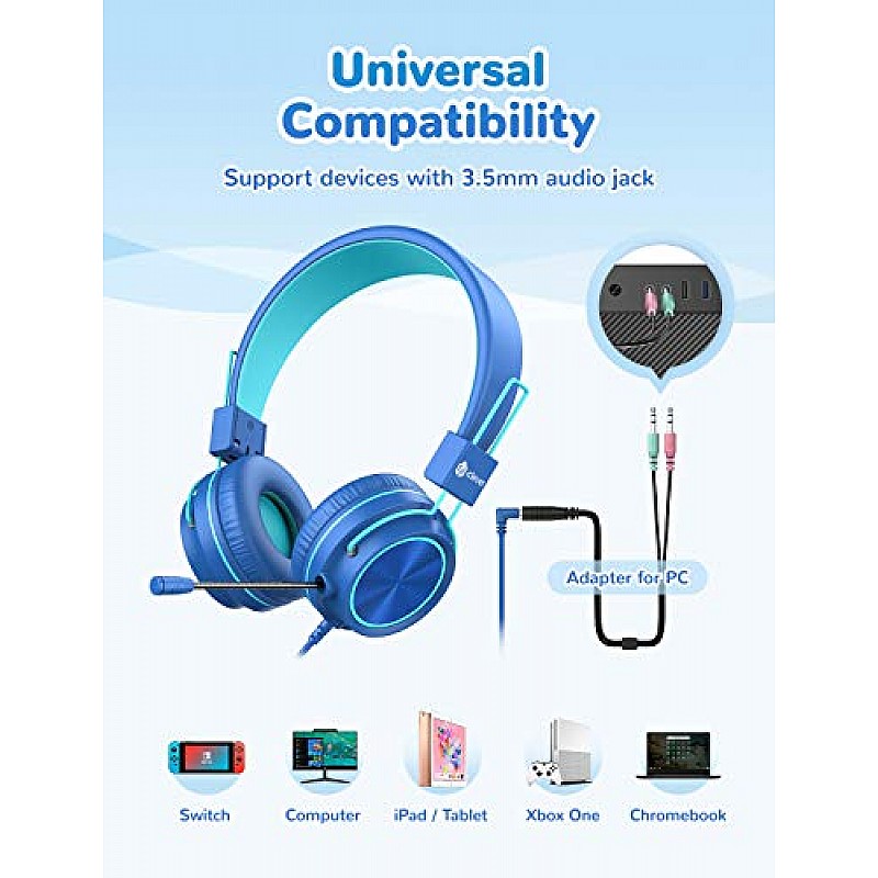 iClever Kids Headphones with Mic, Wired On Ear Headphones for Kids,94 dB Volume Safe Headphones