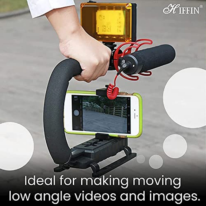 HIFFIN 3 in 1 Universal Stabilizer C-Shape Bracket Video Handheld Grip + Ball Head Hot Shoe Adapter + Mobile Phone Clip Holder 