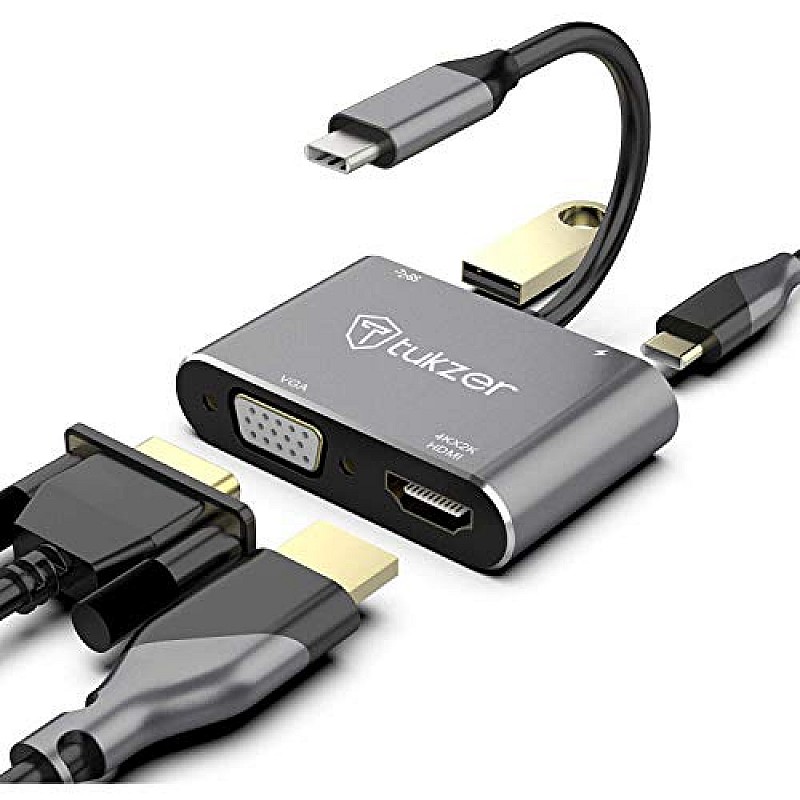 Tukzer USB C to 4K-HDMI-UHD + VGA, USB 3.0 OTG Adapter (4 in 1) with USB-C 100-W PD Charging Port -Space Grey