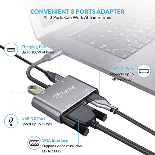 Tukzer USB C to 4K-HDMI-UHD + VGA, USB 3.0 OTG Adapter (4 in 1) with USB-C 100-W PD Charging Port -Space Grey Tukzer USB C to 4K-HDMI-UHD + VGA, USB 3.0 OTG Adapter (4 in 1) with USB-C 100-W PD Charging Port -Space Grey