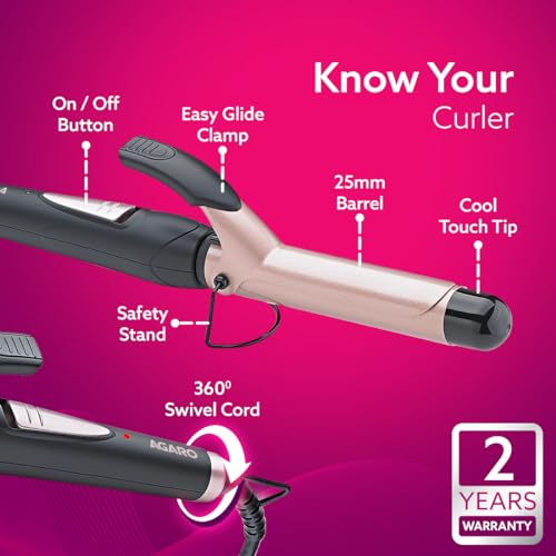 AGARO HC6001 Hair Curler | 25mm Barrel, Tourmaline Ceramic | Fast Heating, Cool Tip | For Long & Short Hair (Black & Rose Gold) AGARO HC6001 Hair Curler | 25mm Barrel, Tourmaline Ceramic | Fast Heating, Cool Tip | For Long & Short Hair (Black & Rose Gold)