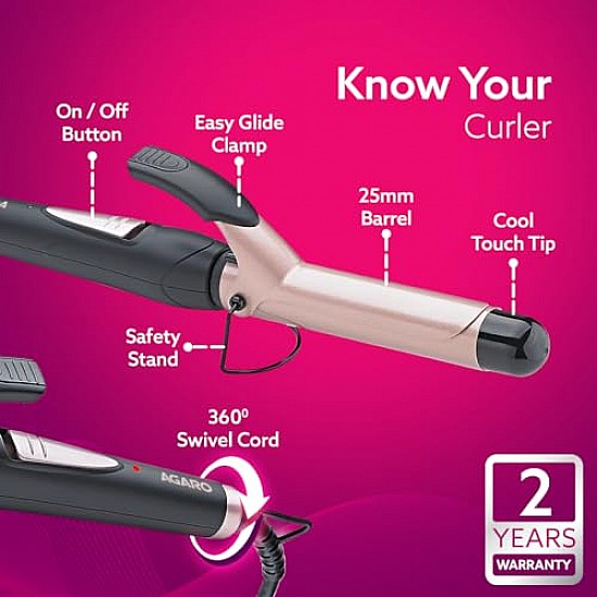 AGARO HC6001 Hair Curler with 25MM Barrel, Rod, Tong, Tourmaline Infused Ceramic Coated Plates, Cool Touch Tip, Fast Heating, for Women, Long and Short Hair Curling, Styling, Black & Rose Gold