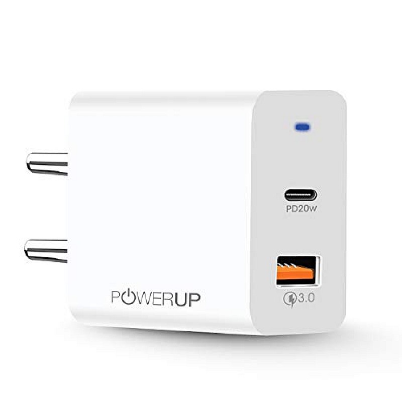 Powerup stay charged 20W Dual Port USB Wall Charge Adapter for Smartphones/Tablet with BIS Certified in-Built Auto-Detect Technology.