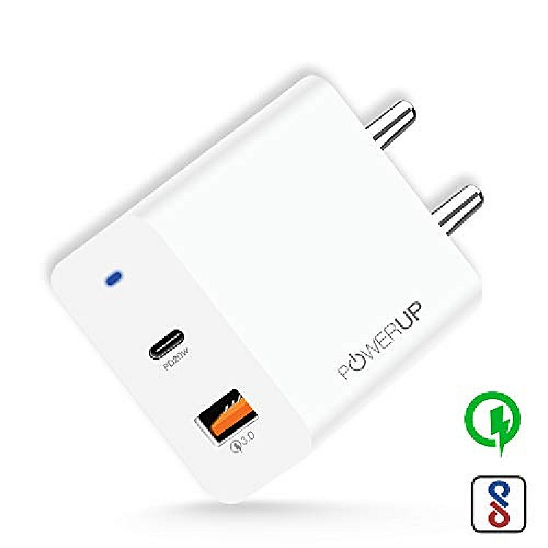 Powerup stay charged 20W Dual Port USB Wall Charge Adapter for Smartphones/Tablet with BIS Certified in-Built Auto-Detect Technology.