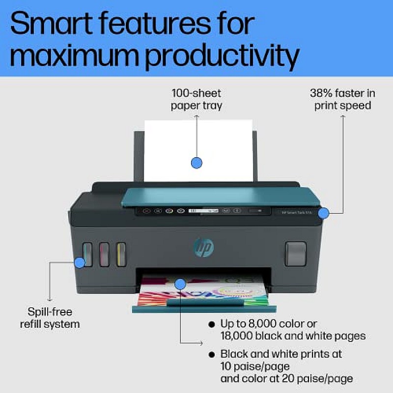 HP Smart Tank 516 All-in-One Multi-function WiFi Color Inkjet Printer Blue, Black