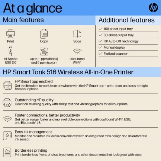 HP Smart Tank 516 wireless All-in-One Multi-function WiFi Color Inkjet Printer  (Blue, Black, Ink Bottle) Refurbished 