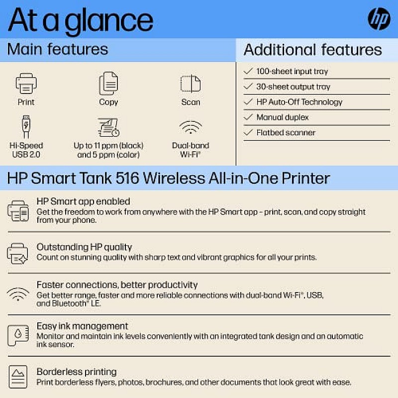 HP Smart Tank 516 All-in-One Multi-function WiFi Color Inkjet Printer Blue, Black