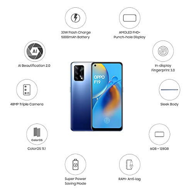 Oppo F19 Midnight Blue, 6GB RAM, 128GB Storage 48MP Triple Camera Refurbished