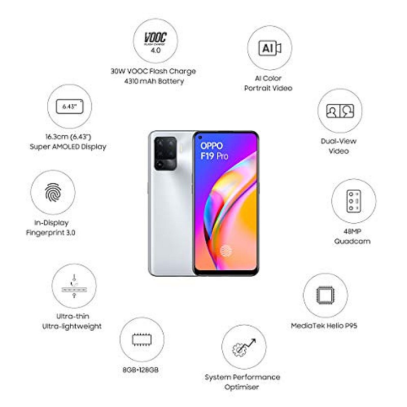 OPPO F19 Pro (Crystal Silver, 8GB RAM, 128GB Storage) refurbished