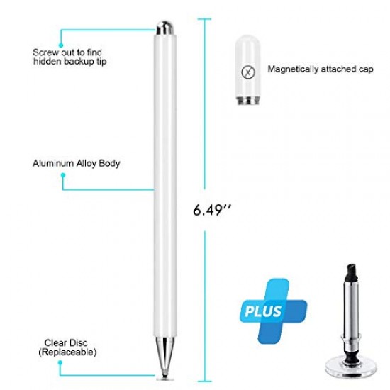 Dyazo Aluminium Fine Point Stylus Pen with Spare Disk for Touch Screens Devices, Compatible with iPad/iPhone (White)