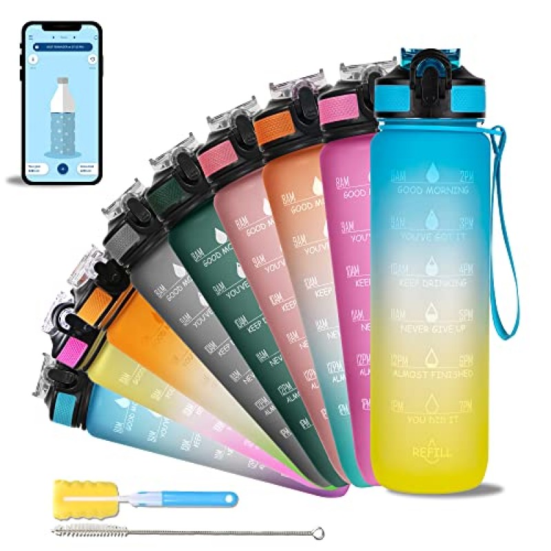 AIrtree Unbreakable Water Bottle with Motivational Time Marker, Water bottle for Gym Office| Mobile app with Drinking water reminder | Orange Teal