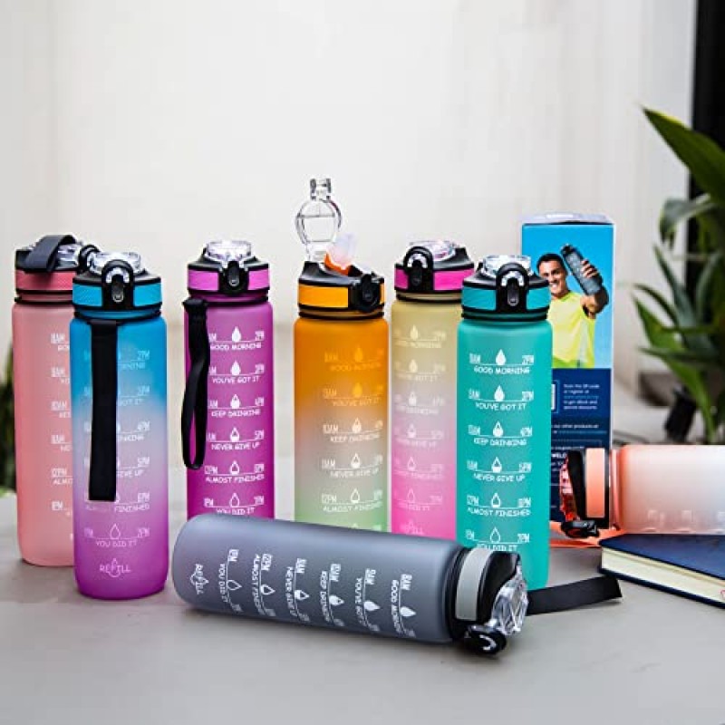 AIrtree Unbreakable Water Bottle with Motivational Time Marker, Water bottle for Gym Office| Mobile app with Drinking water reminder | Orange Teal