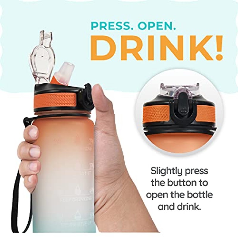 AIrtree Unbreakable Water Bottle with Motivational Time Marker, Water bottle for Gym Office| Mobile app with Drinking water reminder | Orange Teal