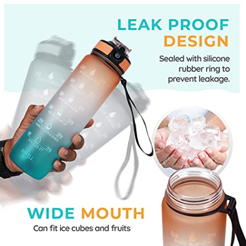 AIrtree Unbreakable Water Bottle with Motivational Time Marker, Water bottle for Gym Office| Mobile app with Drinking water reminder | Orange Teal