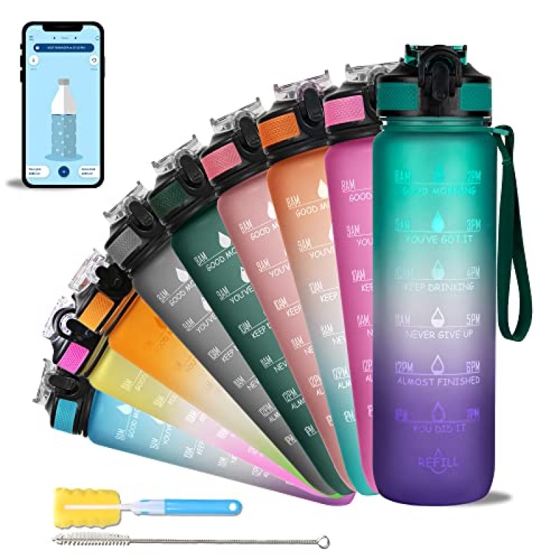 AIrtree Unbreakable Water Bottle with Motivational Time Marker, Water bottle for Gym Office| Mobile app with Drinking water reminder | Orange Teal