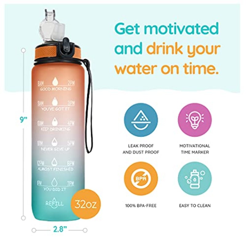 AIrtree Unbreakable Water Bottle with Motivational Time Marker, Water bottle for Gym Office| Mobile app with Drinking water reminder | Orange Teal