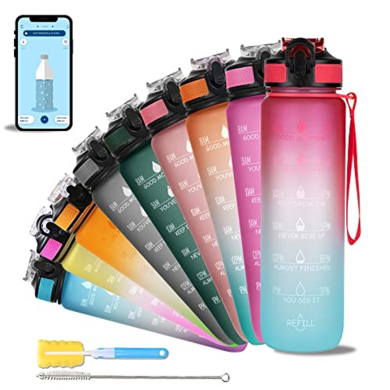 AIrtree Unbreakable Water Bottle with Motivational Time Marker, Water bottle for Gym Office| Mobile app with Drinking water reminder | Orange Teal