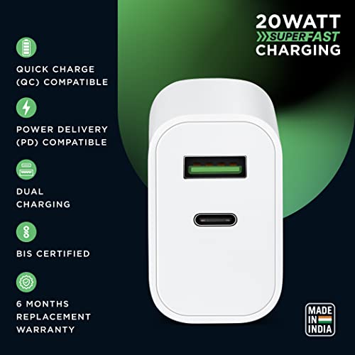 URBN 20W Type C QC+PD Adapter Dual Port Super Fast Charger Quick Charge 3.0 & Power Delivery 3.0 for iPhone (White)