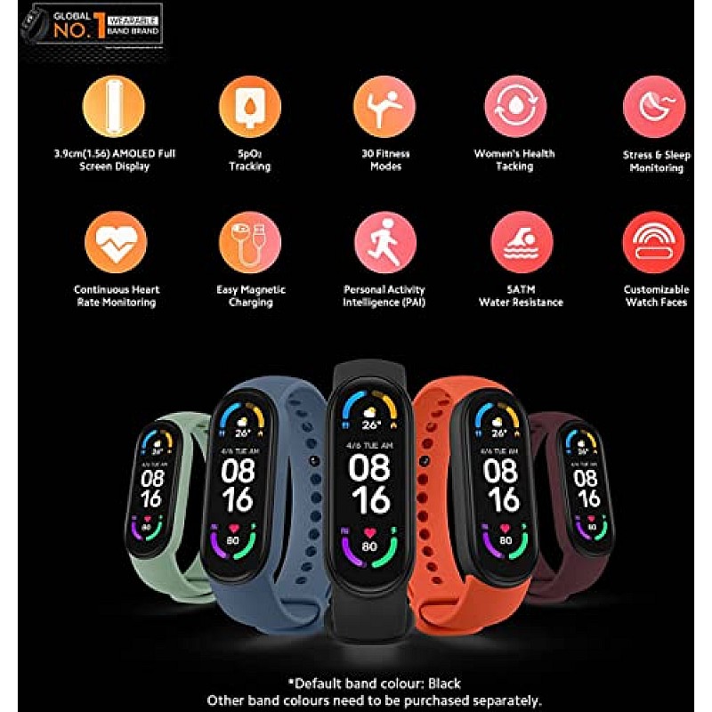 Xiaomi Mi Smart Band 6 - 1.56'' (3.96 cm) Large AMOLED Color Display, 2 Week Battery Life  (Black)