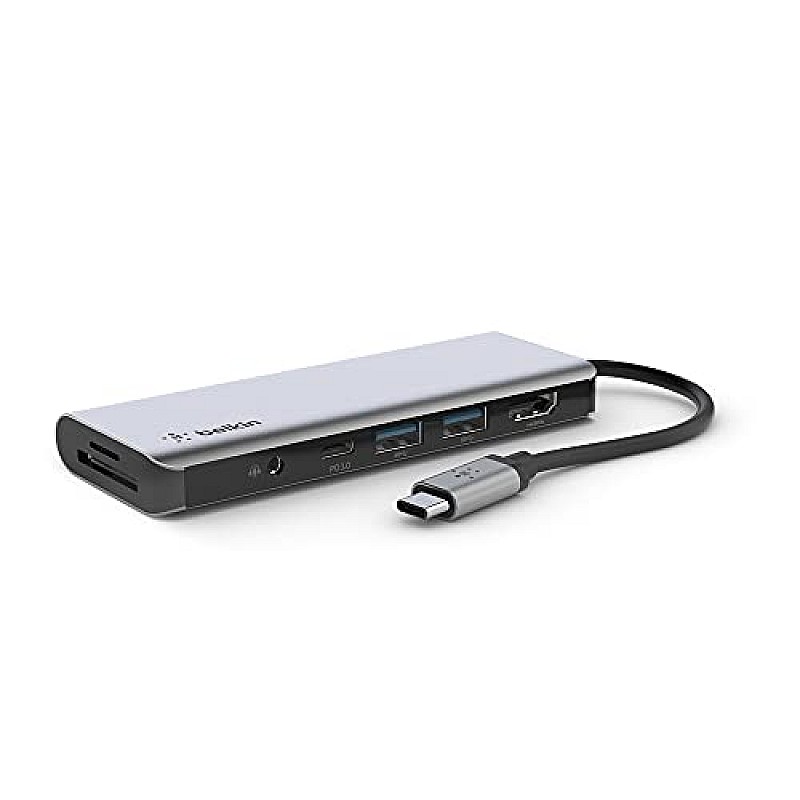 Belkin USB C Hub, 7-in-1 MultiPort Adapter Dock with 4K HDMI 1.4, USB-C PD 3.0, 2X USB-A 3.0 BC1.2, SD 3.0 Card Reader