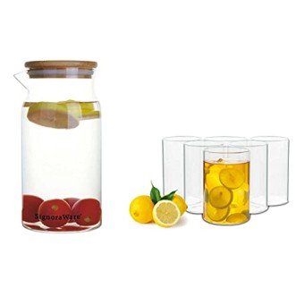 Signoraware Ilusion Borosilicate Glass Regular, Set of 6, 290ml Each and Precision Borosilicate Glass Jug with Bamboo lid 1200ml, Set of 1, Transparent Signoraware Ilusion Borosilicate Glass Regular, Set of 6, 290ml Each and Precision Borosilicate Glass Jug with Bamboo lid 1200ml, Set of 1, Transparent
