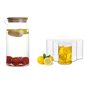 Signoraware Ilusion Borosilicate Glass Regular, Set of 6, 290ml Each and Precision Borosilicate Glass Jug with Bamboo lid 1200ml, Set of 1, Transparent