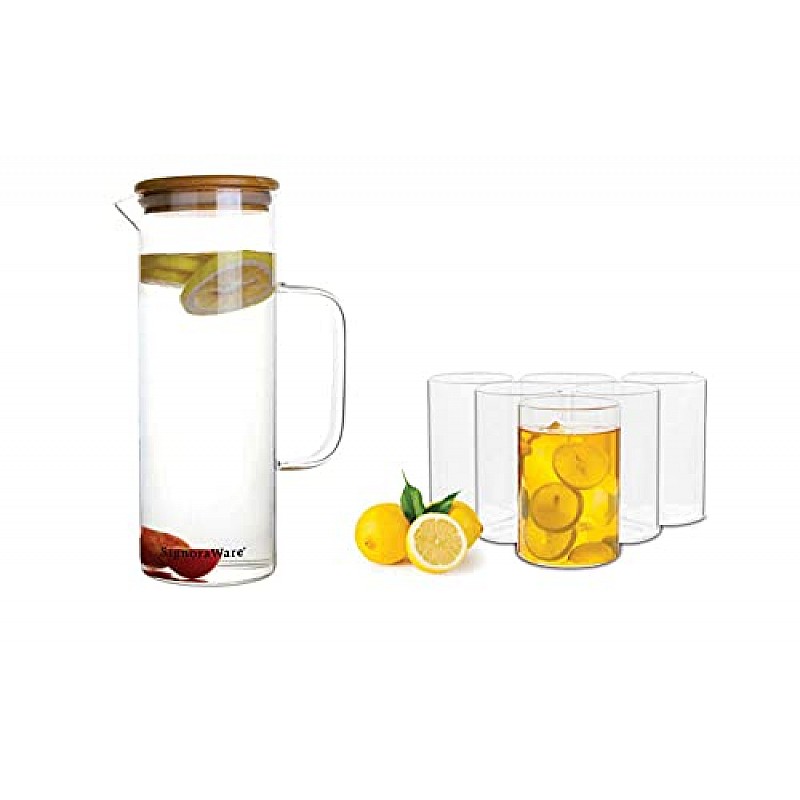 Signoraware Ilusion Borosilicate Glass Regular, Set of 6, 290ml Each and Precision Borosilicate Glass Jug with Bamboo lid 1200ml, Set of 1, Transparent