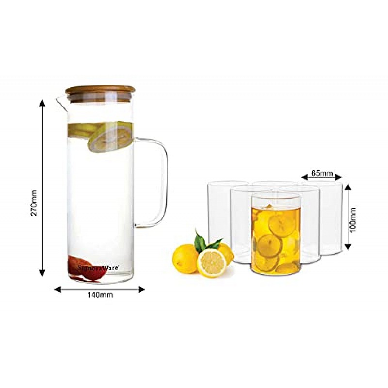 Signoraware Ilusion Borosilicate Glass Regular, Set of 6, 290ml Each and Precision Borosilicate Glass Jug with Bamboo lid 1200ml, Set of 1, Transparent