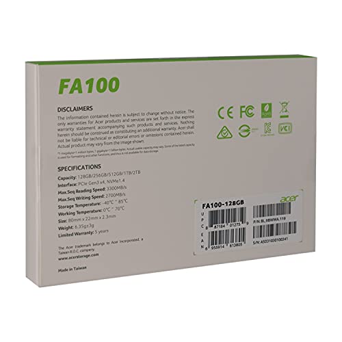 Acer FA100 128GB PCIe Gen3 x4 NVMe 3D NAND SSD M.2 Internal SSD-950MB/s R, 650MB/s W Speed Acer FA100 128GB PCIe Gen3 x4 NVMe 3D NAND SSD M.2 Internal SSD-950MB/s R, 650MB/s W Speed
