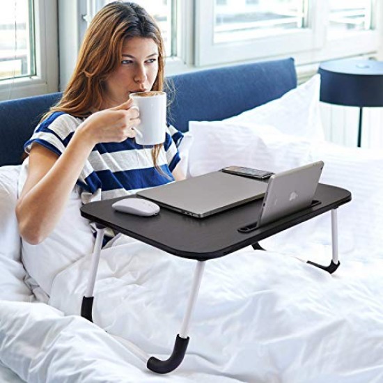 GoRogue Foldable Wooden Mini Laptop Table for Bed, Study Table with Drawer, Tablet/Mobile Holder for Kids & Adults (Black)