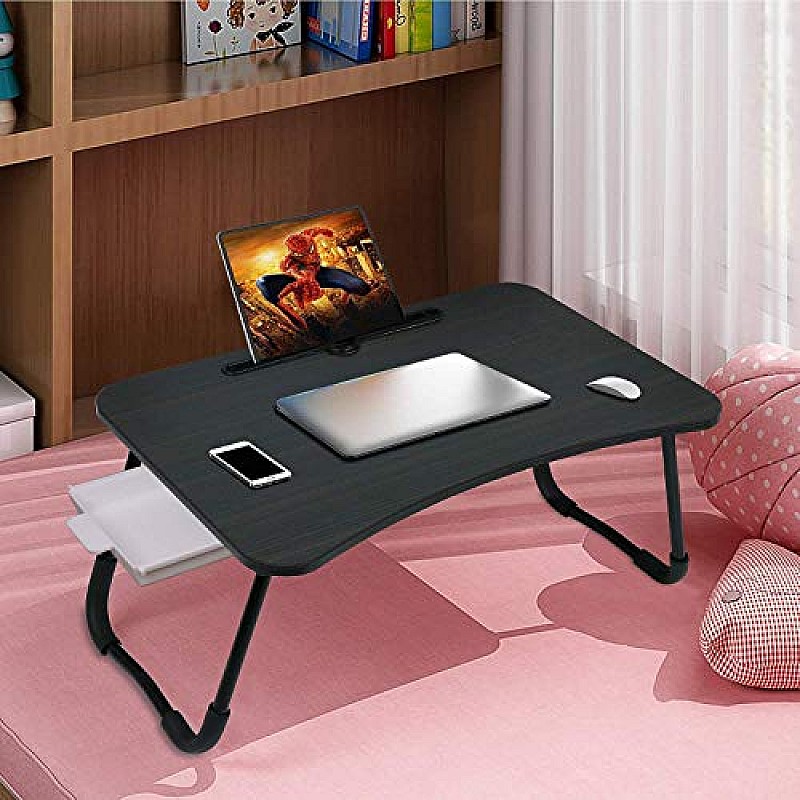 GoRogue Foldable Wooden Mini Laptop Table for Bed, Study Table with Drawer, Tablet/Mobile Holder for Kids & Adults (Black)