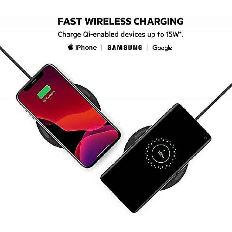 Belkin USB 3.0 Cellular Phones Boost Charge 15W Fast Wireless Charging Pad, Case Compatible - Black, Large (Wia002Btbk)