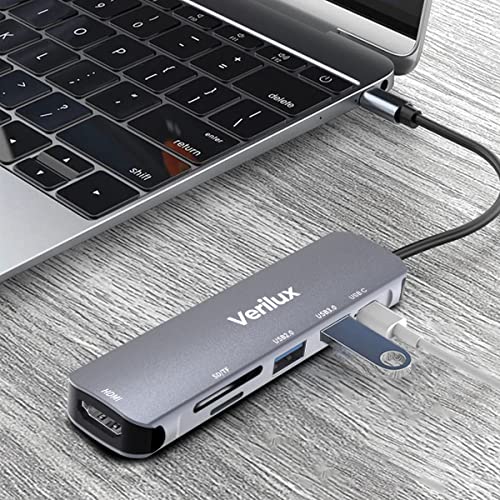Verilux ® USB C Hub Multiport Adapter 6 in 1 Portable Aluminum USB Extender with 4K HDMI(30Hz) Verilux ® USB C Hub Multiport Adapter 6 in 1 Portable Aluminum USB Extender with 4K HDMI(30Hz)
