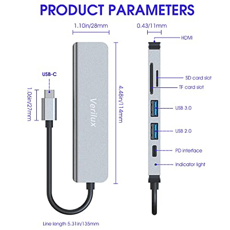 Verilux ® USB C Hub Multiport Adapter 6 in 1 Portable Aluminum USB Extender with 4K HDMI(30Hz)