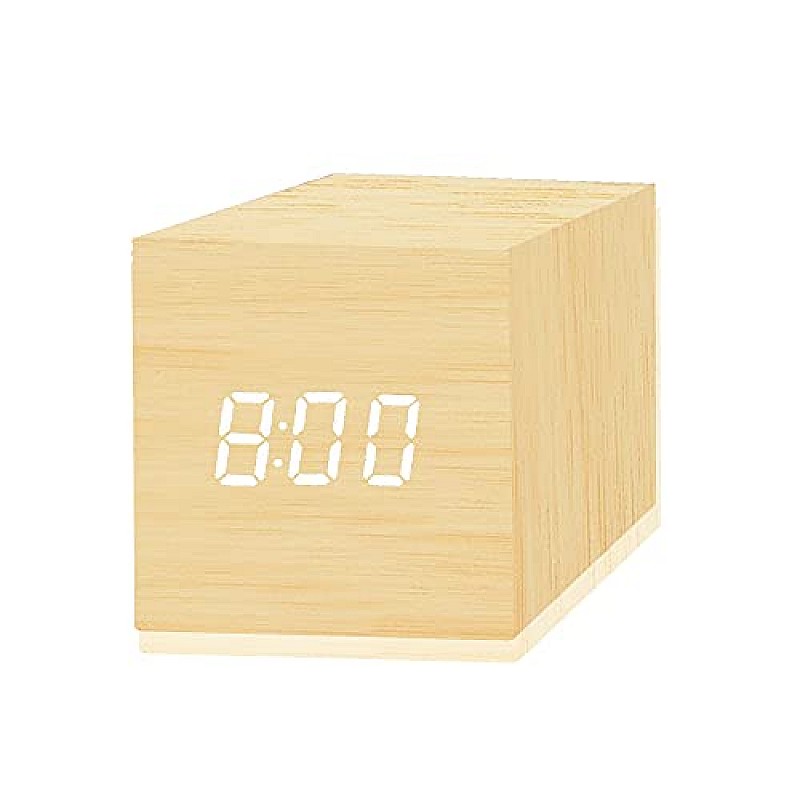 Airtree Digital Alarm Clock, with Wooden Electronic LED Time Display, Yellow