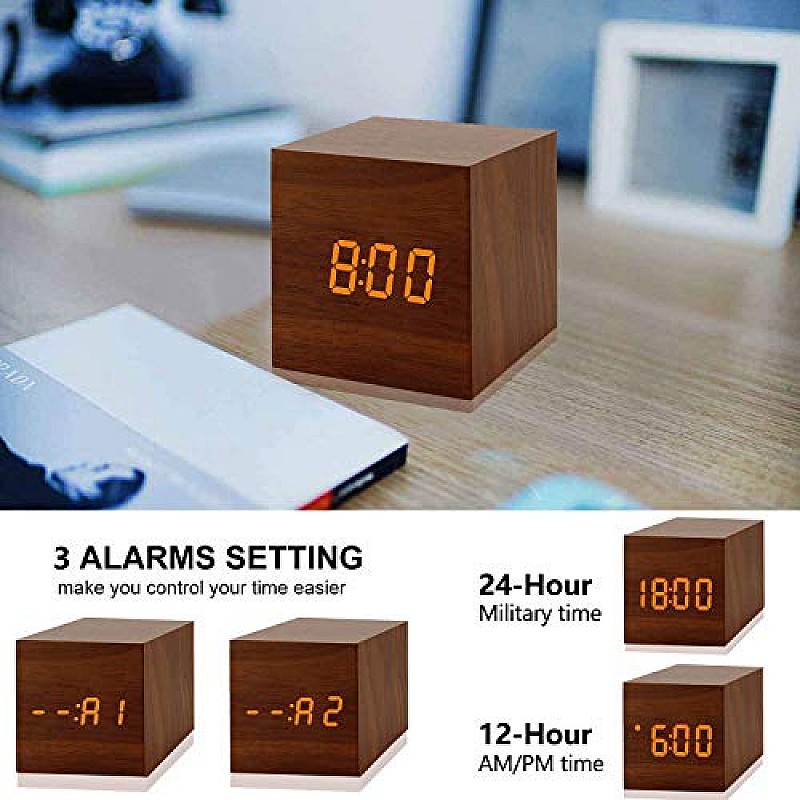 Airtree Digital Alarm Clock, with Wooden Electronic LED Time Display, Yellow