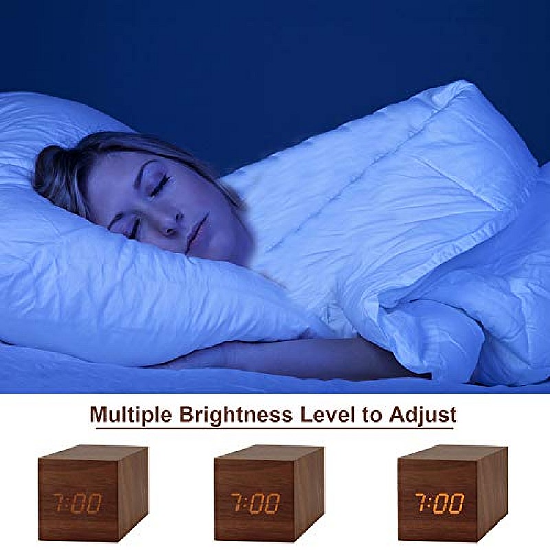 Airtree Digital Alarm Clock, with Wooden Electronic LED Time Display, Yellow