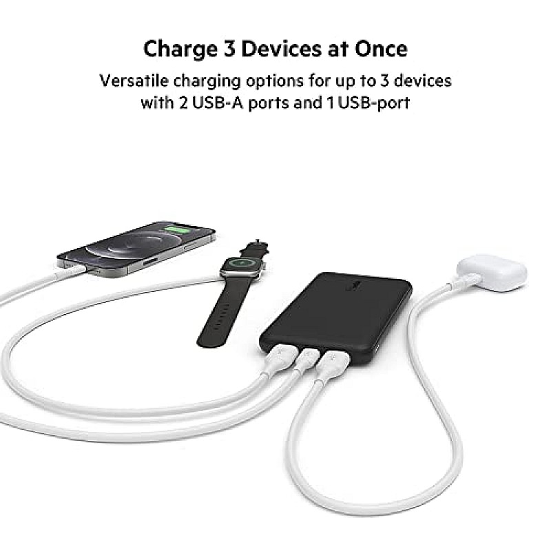 Belkin 10000 mAh Slim Power Bank with 1 USB-C and 2 USB-A Ports to Charge 3 Devices Simultaneously with up to 15W - Black