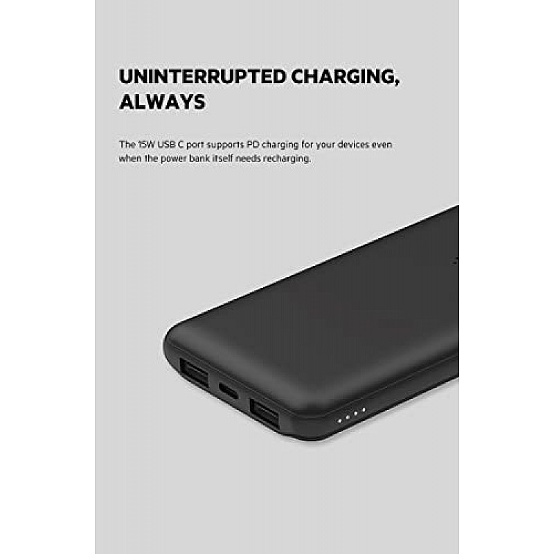 Belkin 10000 mAh Slim Power Bank with 1 USB-C and 2 USB-A Ports to Charge 3 Devices Simultaneously with up to 15W - Black