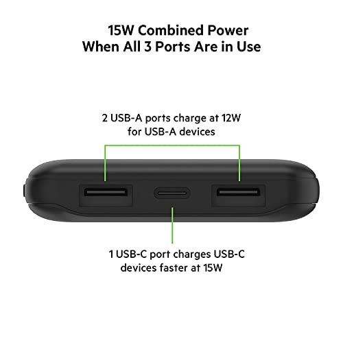 Belkin 10000 mAh Slim Power Bank with 1 USB-C and 2 USB-A Ports to Charge 3 Devices Simultaneously with up to 15W - Black Belkin 10000 mAh Slim Power Bank with 1 USB-C and 2 USB-A Ports to Charge 3 Devices Simultaneously with up to 15W - Black