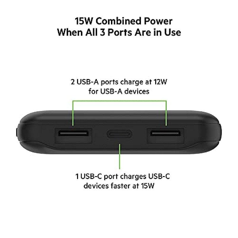 Belkin 10000 mAh Slim Power Bank with 1 USB-C and 2 USB-A Ports to Charge 3 Devices Simultaneously with up to 15W - Black