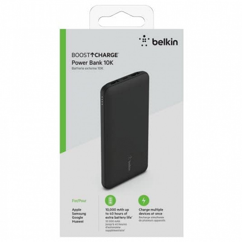 Belkin 10000 mAh Slim Power Bank with 1 USB-C and 2 USB-A Ports to Charge 3 Devices Simultaneously with up to 15W - Black