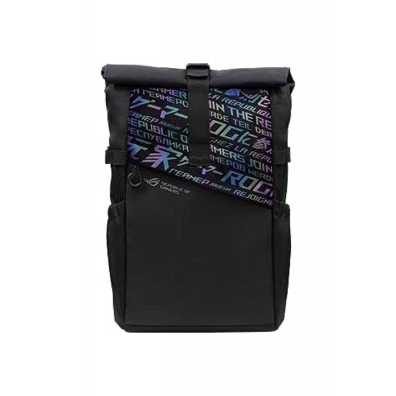 ASUS ROG BP4701 43.18 cm Gaming Backpack (Black), with Holographic Cybertext Printing, Roll Up Design, Suitable for up to 43.18 cm Laptop