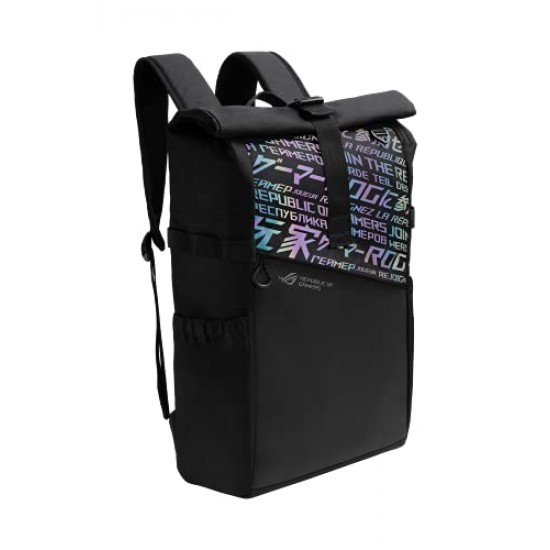 ASUS ROG BP4701 43.18 cm Gaming Backpack (Black), with Holographic Cybertext Printing, Roll Up Design, Suitable for up to 43.18 cm Laptop