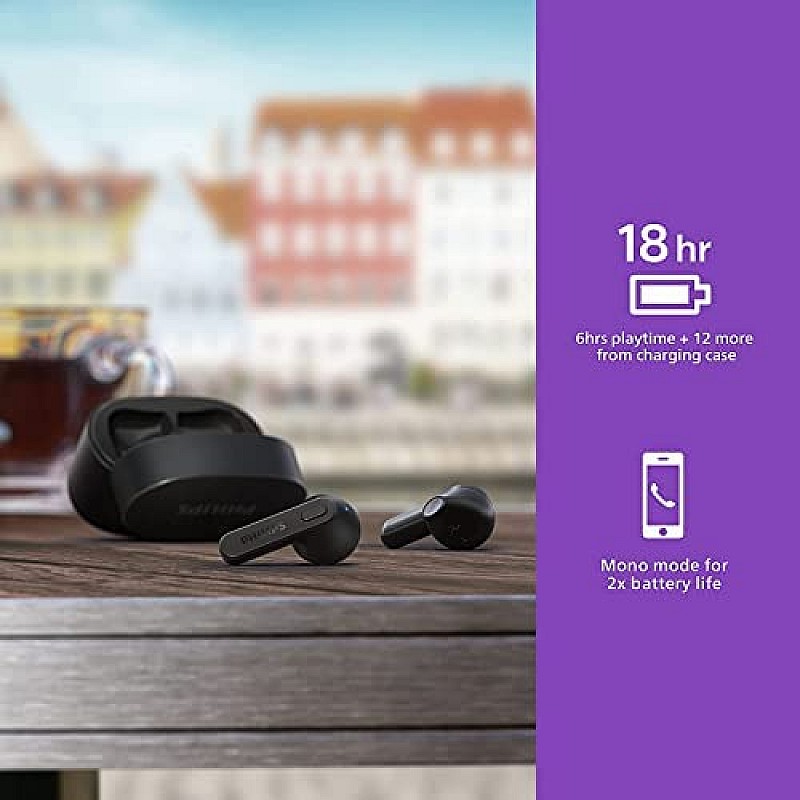 Philips Audio TAT2236 TWS Earbuds with IPX4, 6+12 Hours Play time, Quick Charge, Type-C Charging, Black