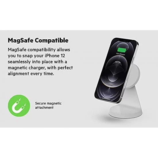 Belkin Magnetic Wireless Charger with Stand Magsafe Compatible for Cellular Phones, iPhone 12, 13 Pro, 13 Pro Max, 13 Mini - White