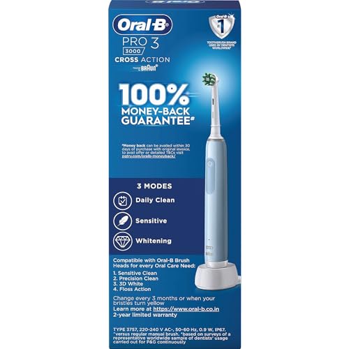 Oral B Pro 3 Electric Toothbrush, Rechargeable, 3 Pressure Modes for Sensitivity for Adults Oral B Pro 3 Electric Toothbrush, Rechargeable, 3 Pressure Modes for Sensitivity for Adults