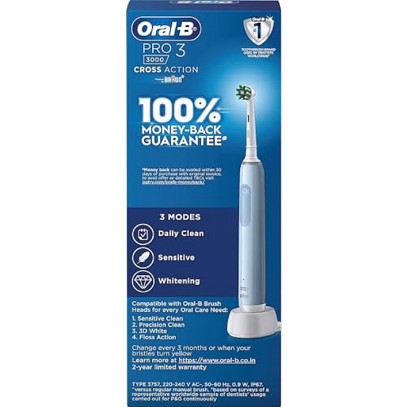 Oral B Pro 3 Electric Toothbrush, Rechargeable, 3 Pressure Modes for Sensitivity for Adults