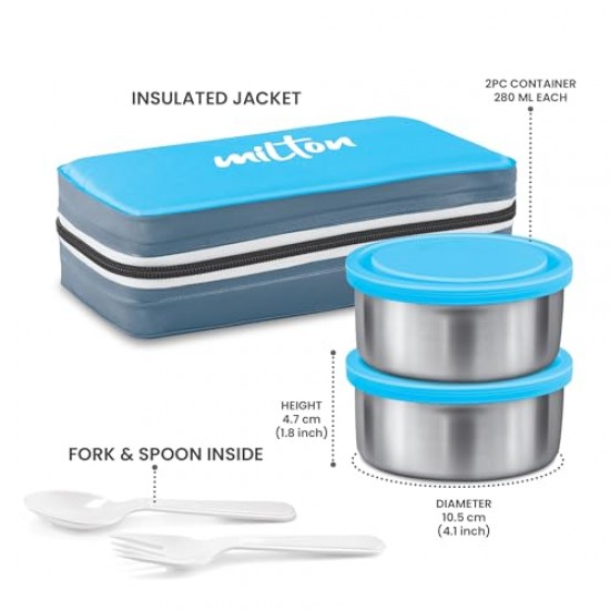 MILTON New Mini Lunch Insulated Tiffin, Set of 2, (280 ml Each), with Jacket, Cyan Light Weight Leak Proof